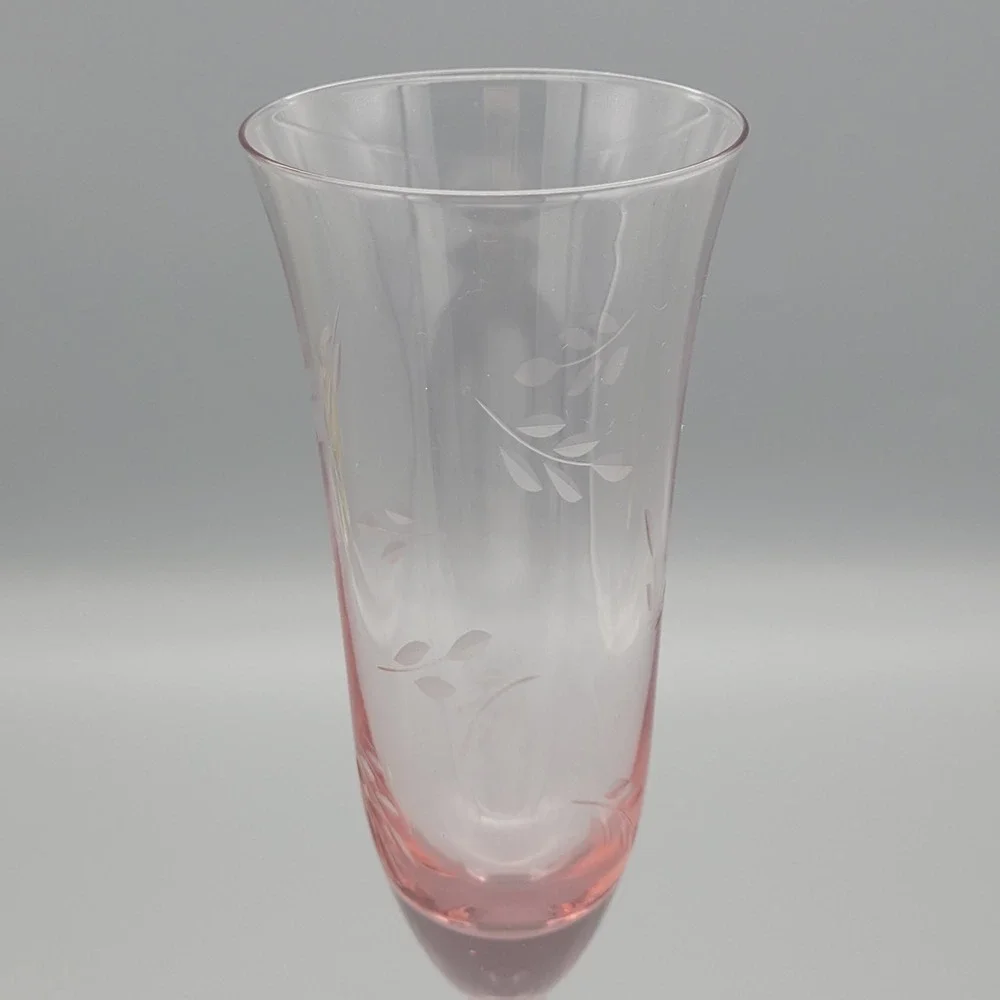 Vintage Block Crystal Champagne Flutes Pair Etched Pink‎ Amber Wedding New Years
